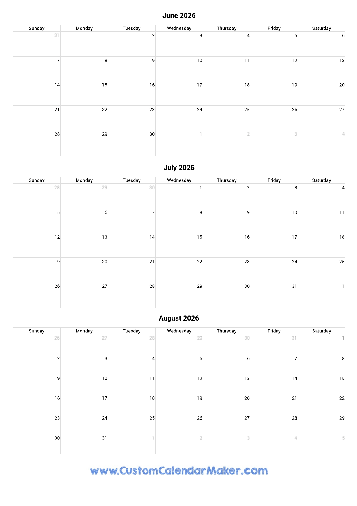 July And August Calendar 2026