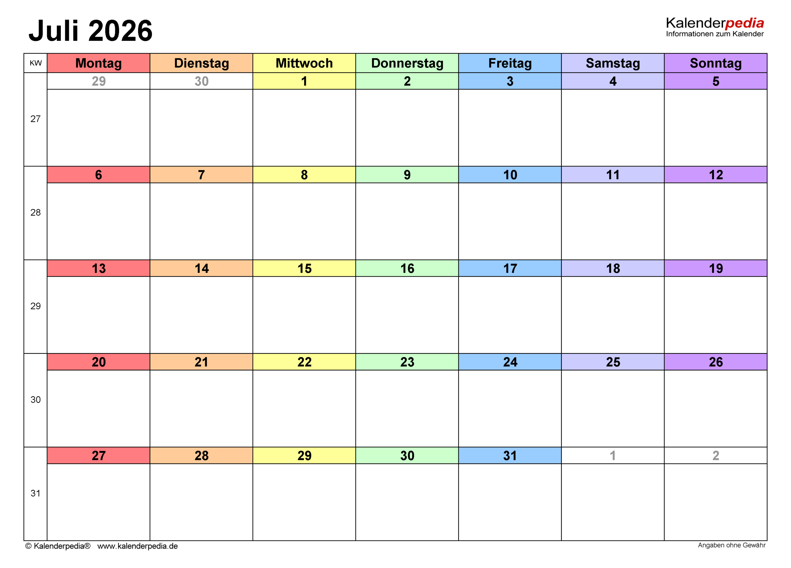 Kalender Juli 2026 Als PDF Vorlagen