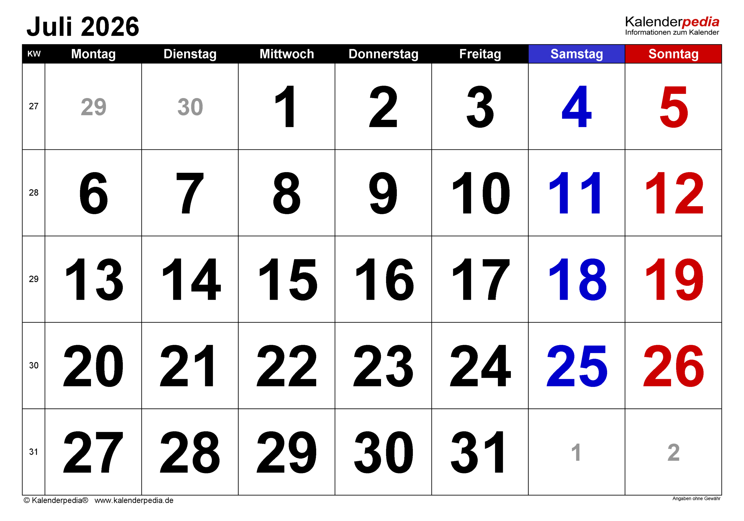 Kalender Juli 2026 Als PDF Vorlagen