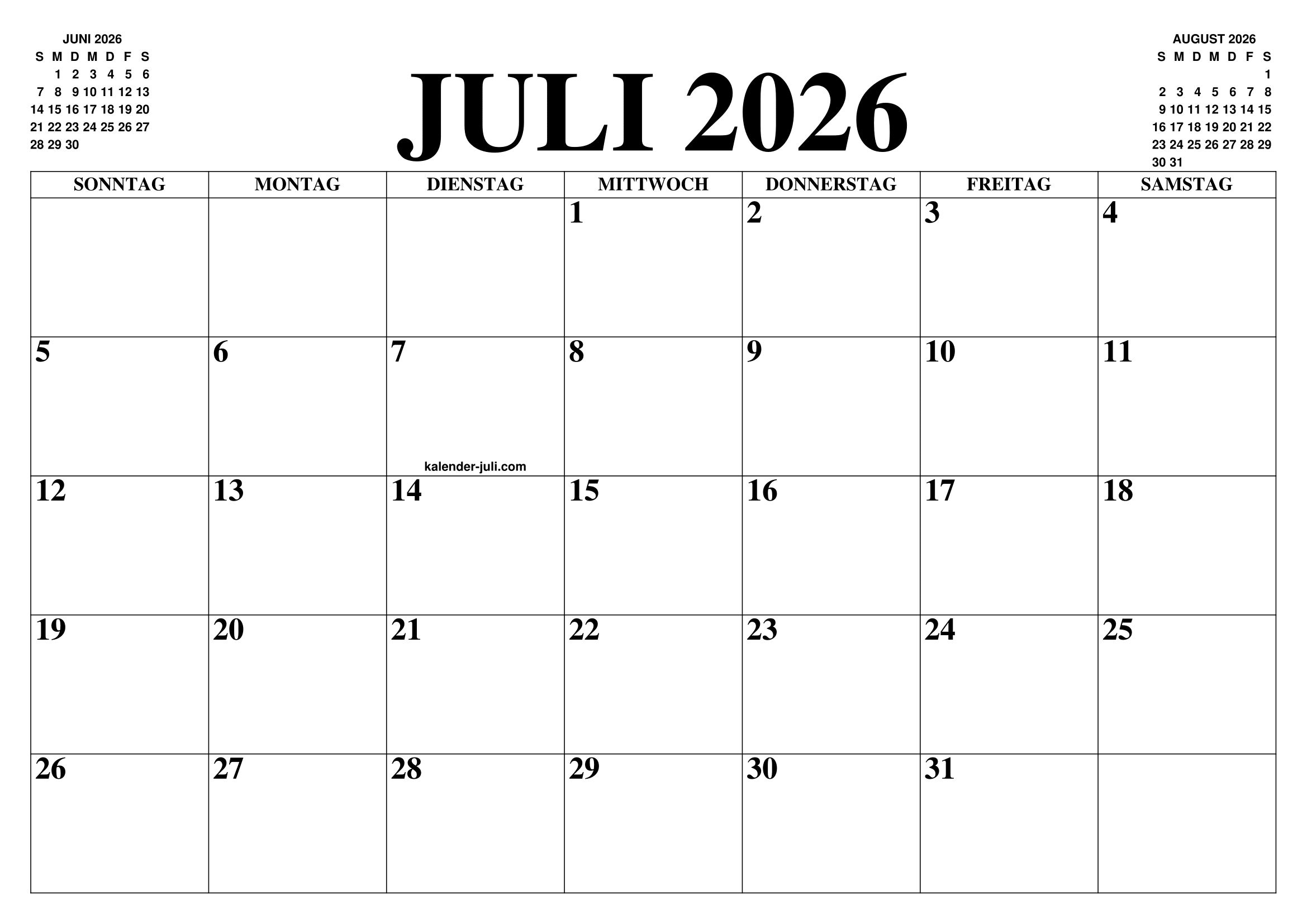 KALENDER JULI 2026 JULI 2026 KALENDER ZUM AUSDRUCKEN GRATIS 