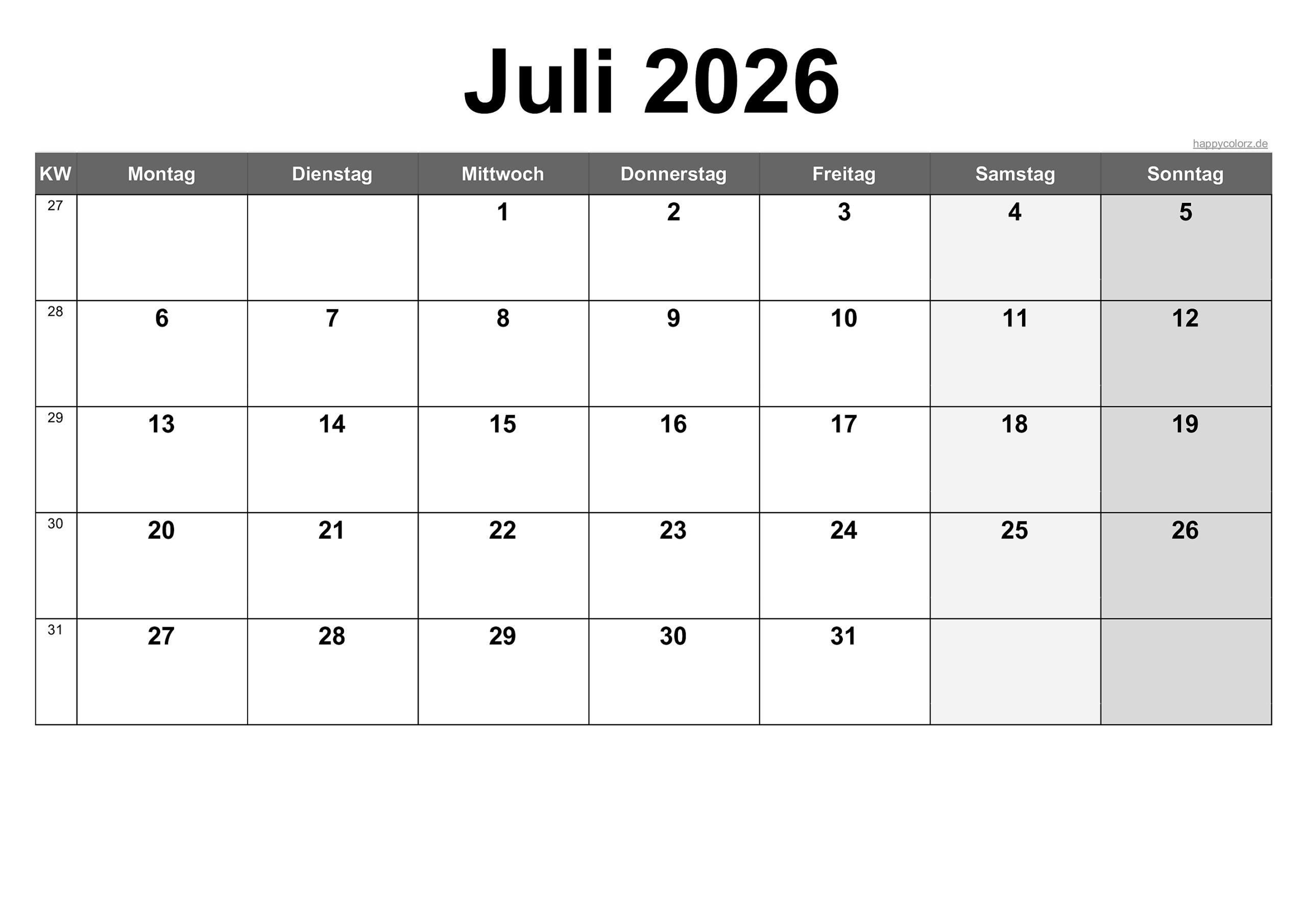 Kalender Juli 2026 Zum Ausdrucken PDF XLS PNG 