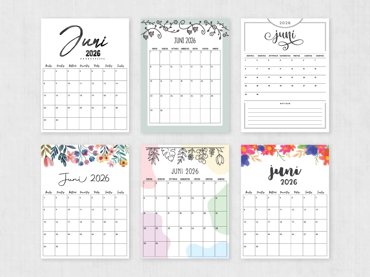 Kalender Juni 2026 Zum Ausdrucken PDF Vorlage