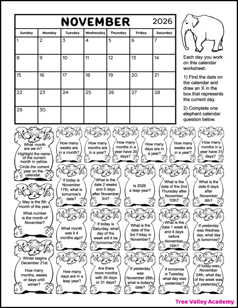 Kids Printable Calendar Worksheet For November 2026