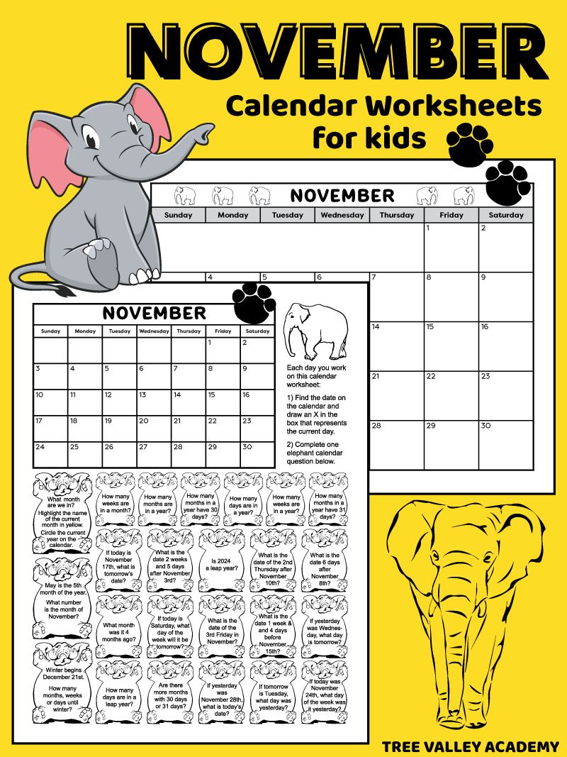 Kids Printable Calendar Worksheet For November 2026