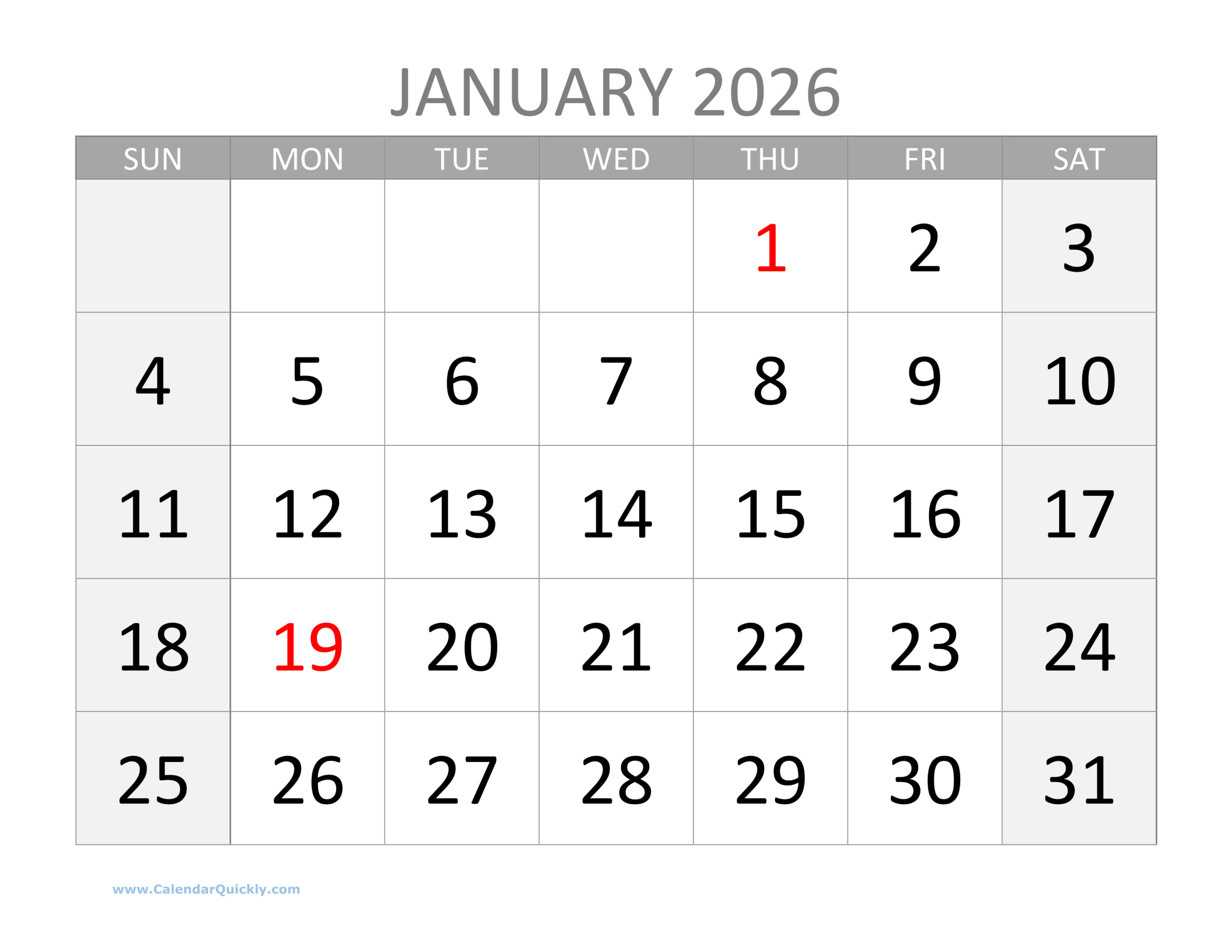 Printable Blank Calendar 2026 With Holidays