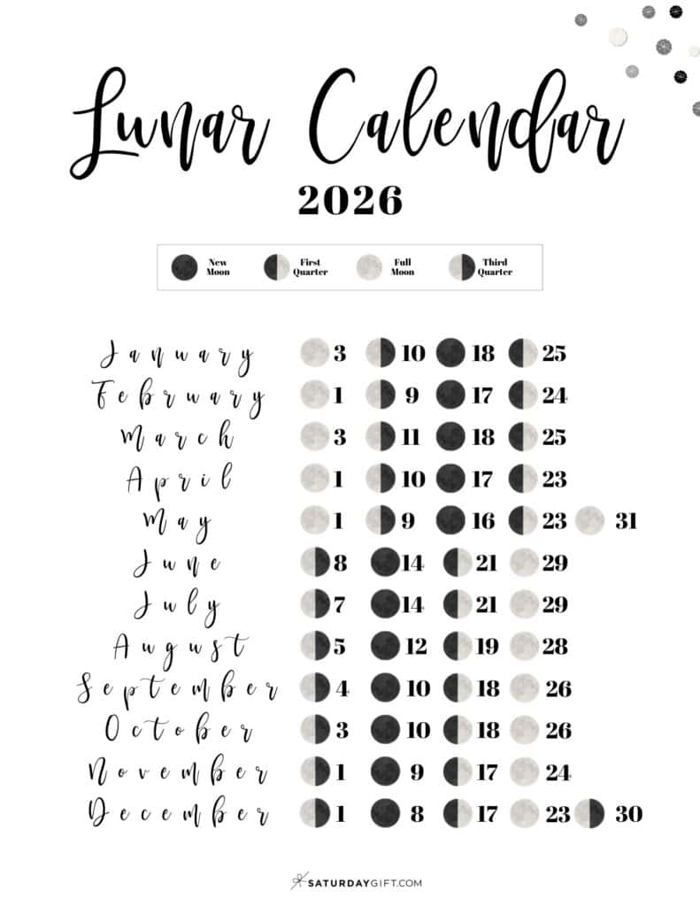 Lunar Calendar 2026 12 Moon Phase Calendar Printables