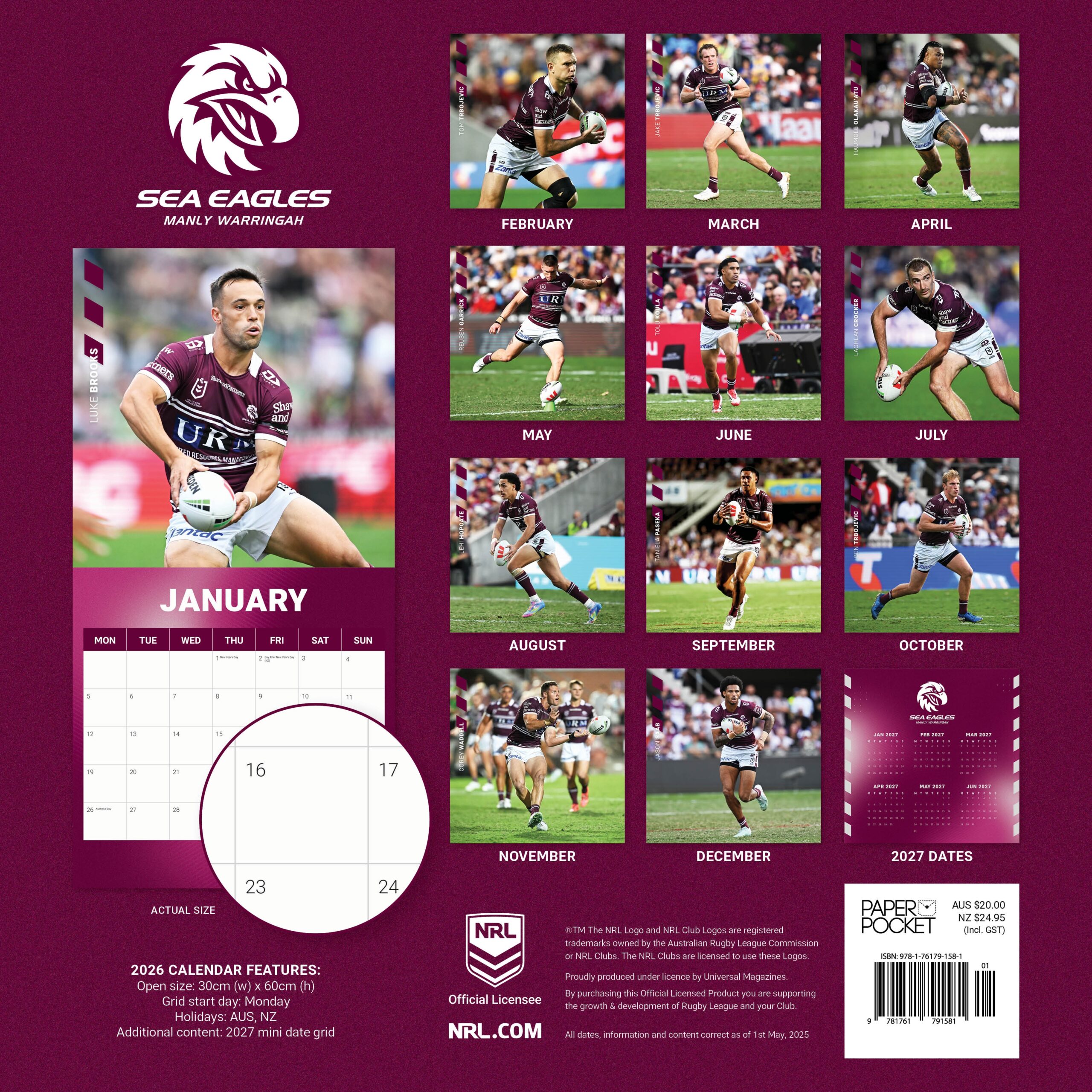 Manly Warringah Sea Eagles 2026 Calendar NRL Shop