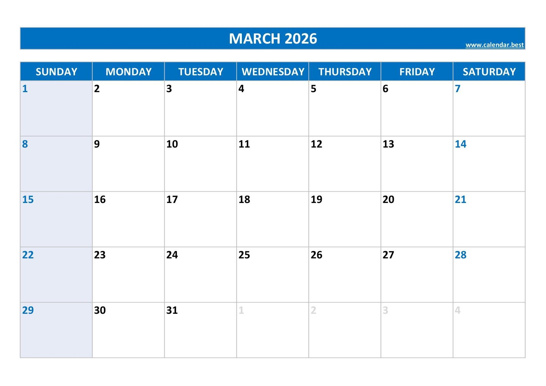 March 2026 Blank Calendar Printable