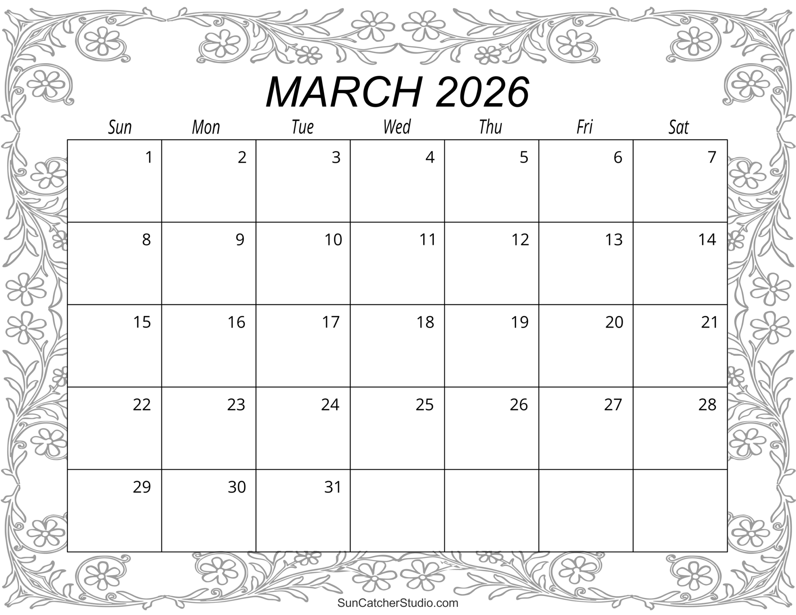 Printable Blank 2026 Calendars March