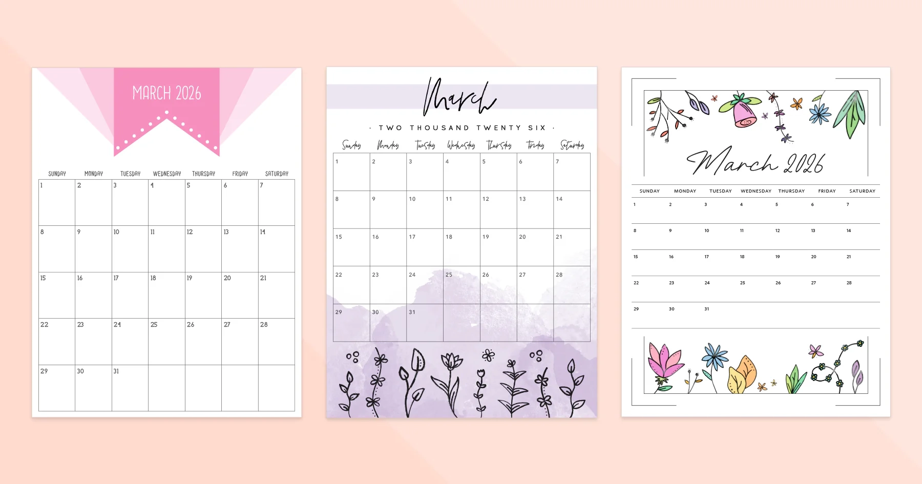 March 2026 Calendar Printable PDF Templates