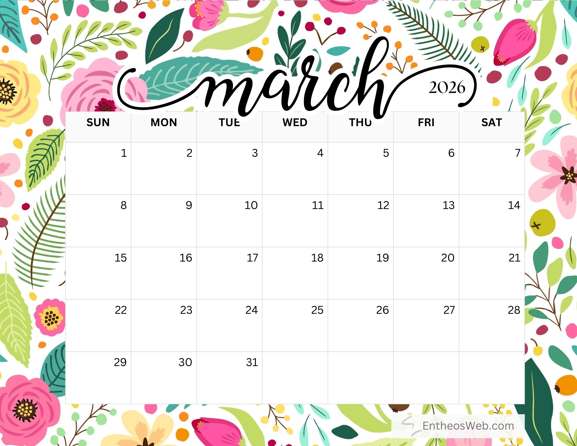 March 2026 Calendar Printables EntheosWeb