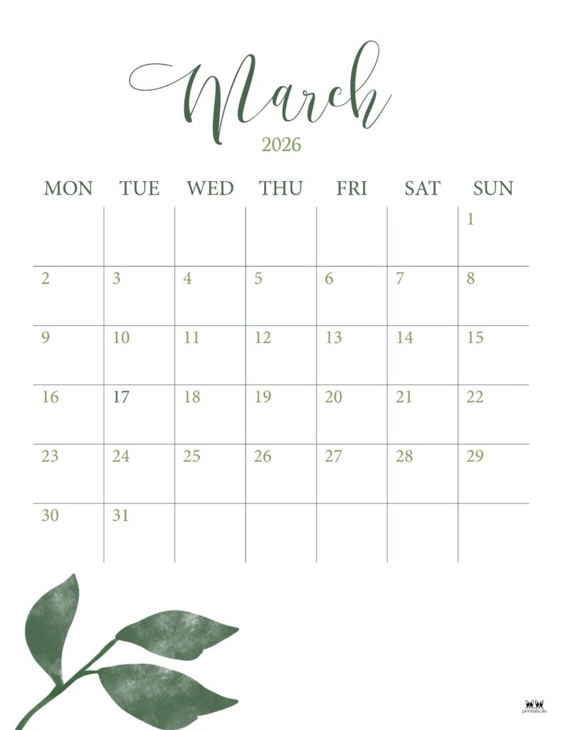 March 2026 Calendars 123 FREE Printables Printabulls