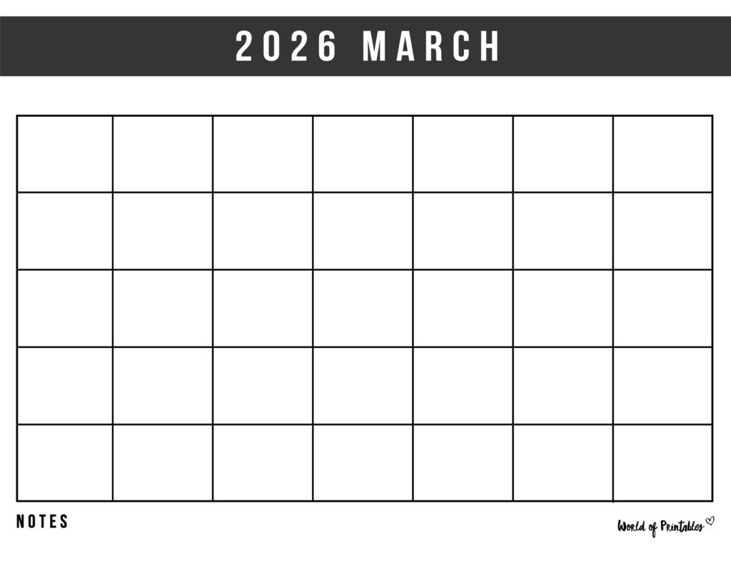 Printable March Blank Calendar 2026