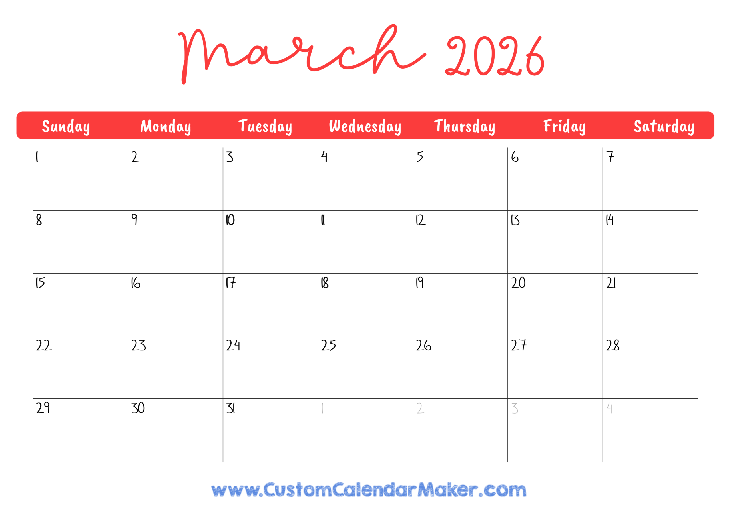 March 2026 Printable Calendar 23 Free Templates PDF Custom 