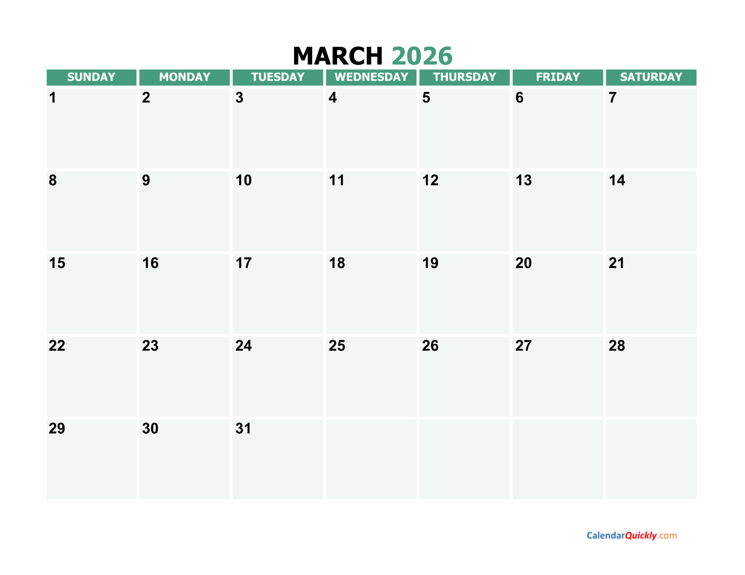 Blank March 2026 Calendar