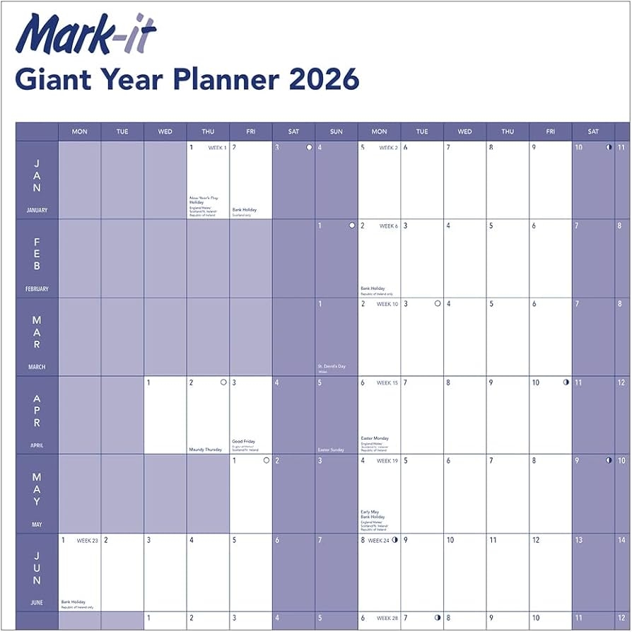 MARK IT Extra Large Yearly 2026 Wall Planner UK Holidays 