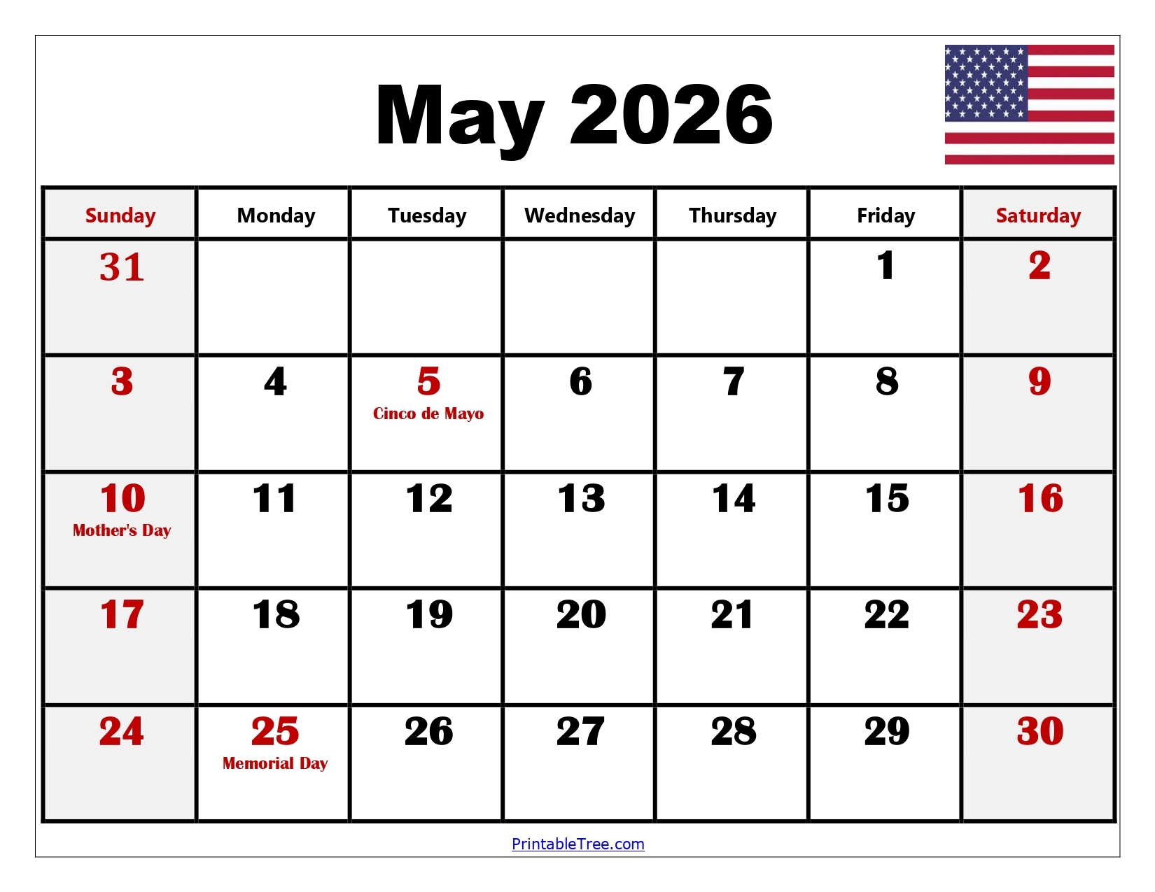 May 2026 Printable Blank Calendar