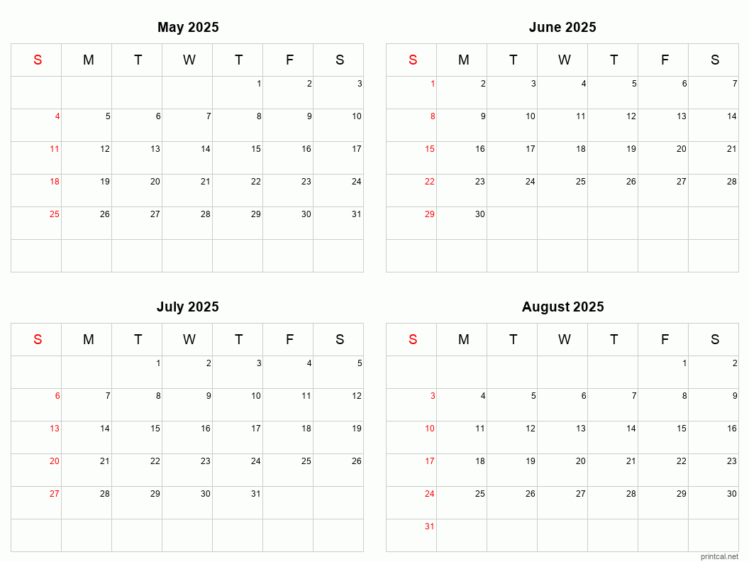 May To August 2025 Printable Calendar Four Months Per Page 