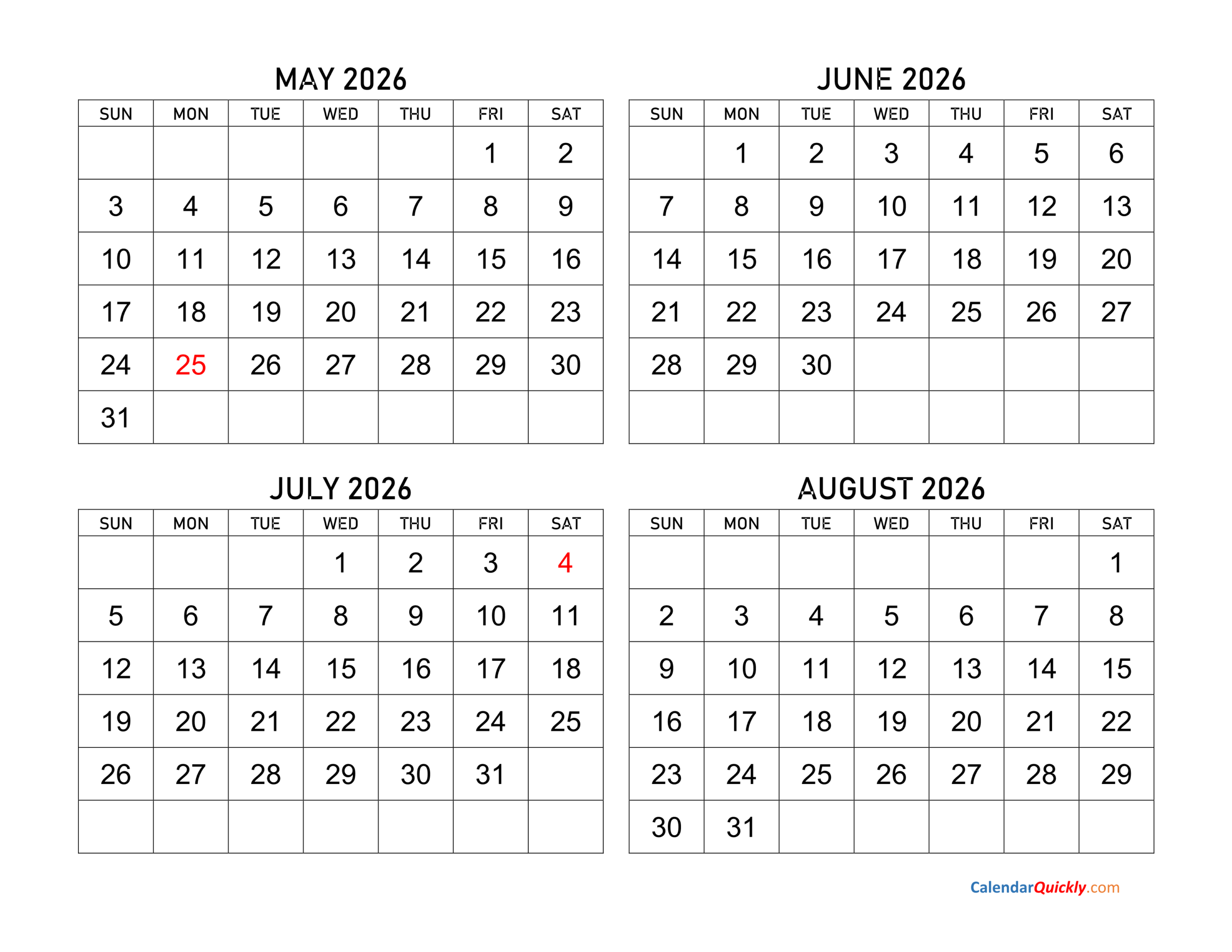 May To August 2026 Calendar Calendar Quickly
