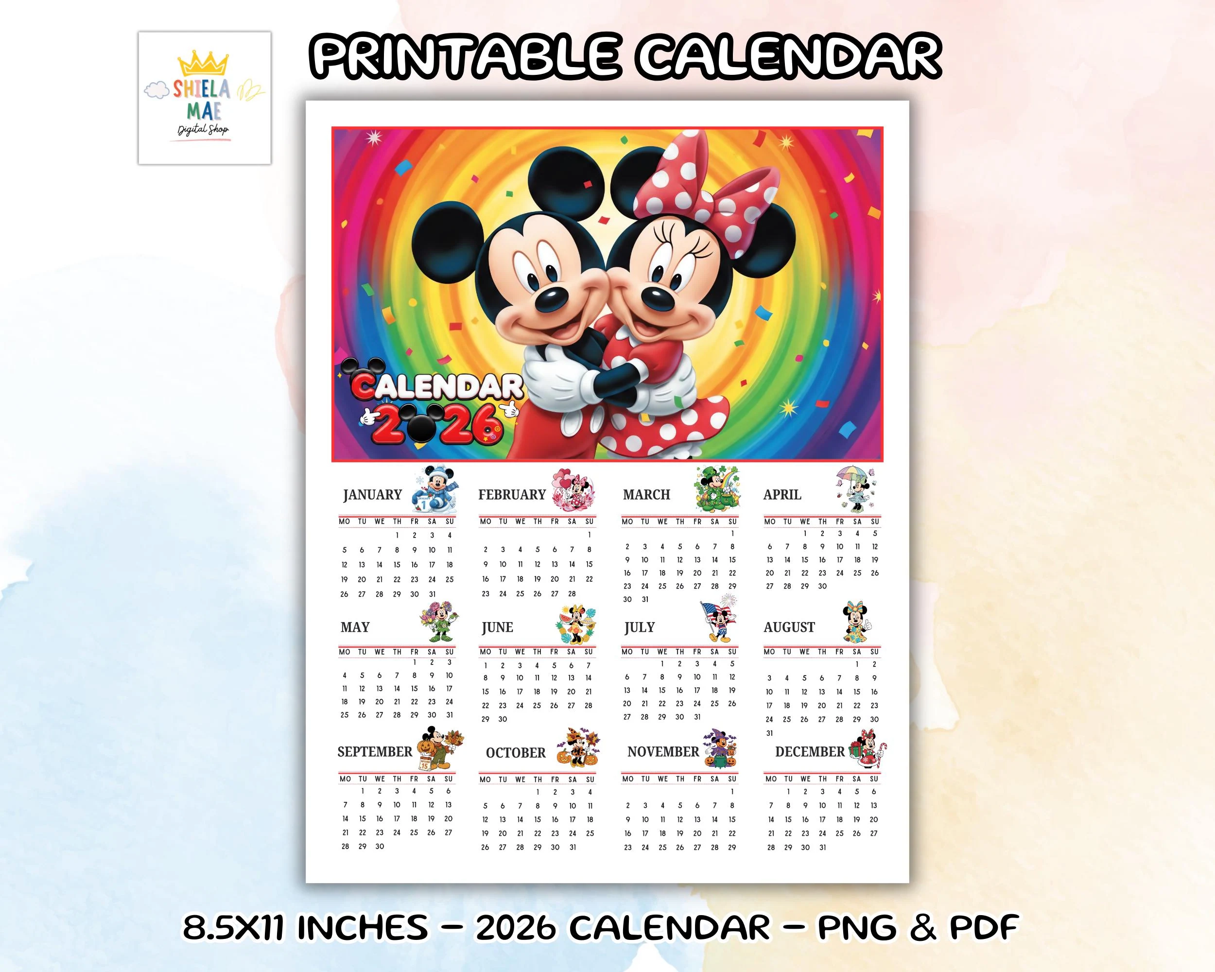 Mickey Mouse Printable Calendar Etsy Canada