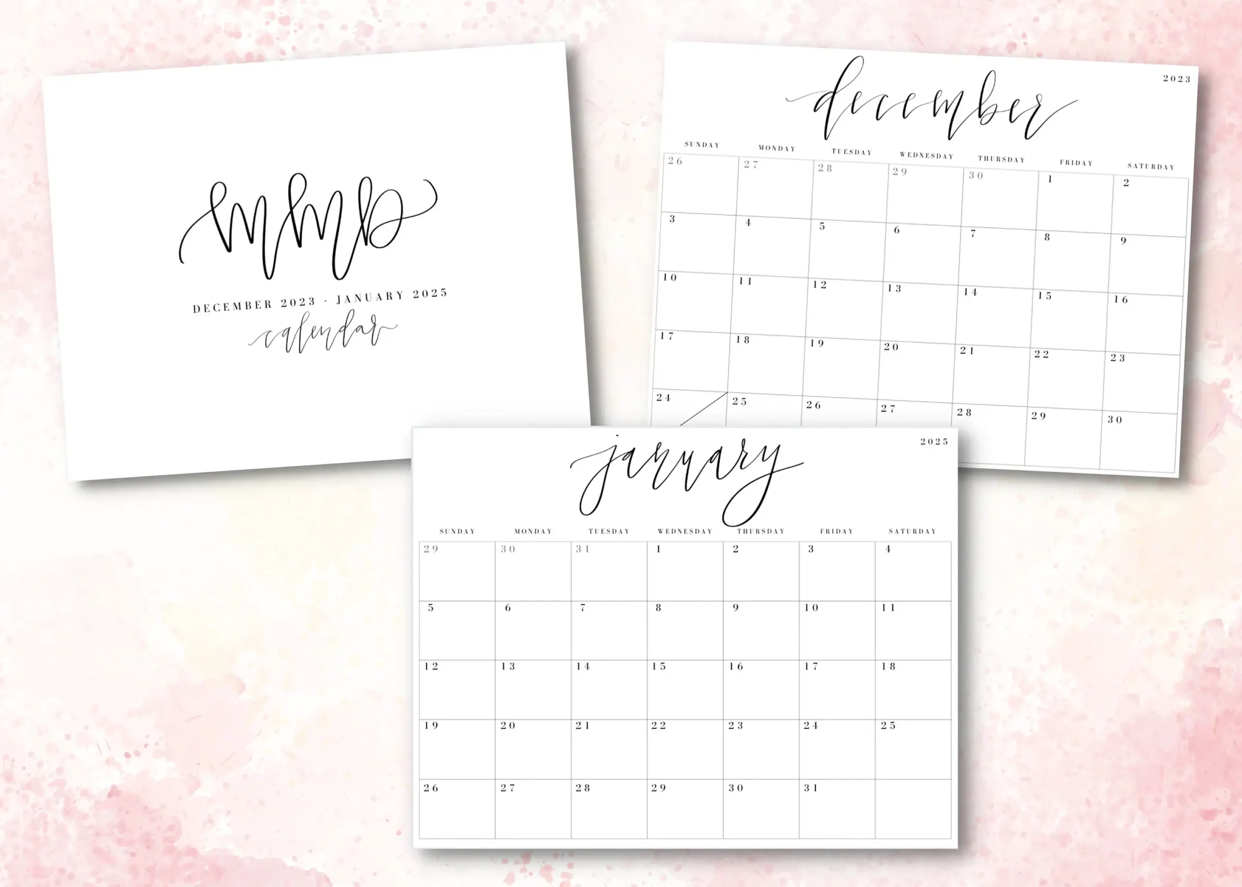 December Calendar 2026 Printable Calligraphy