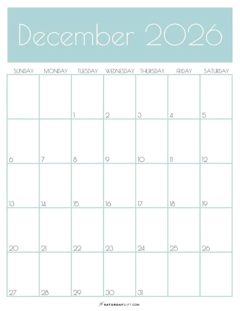 December 2026 Calendar Printable Green