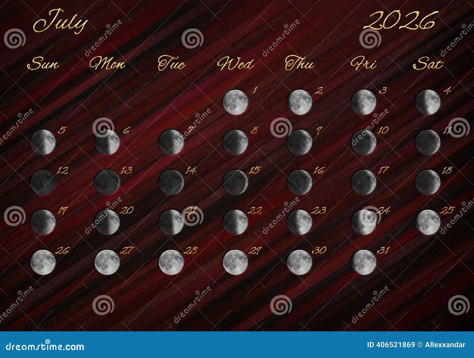 Moon Phases Calendar July 2026 Stock Illustration Illustration 