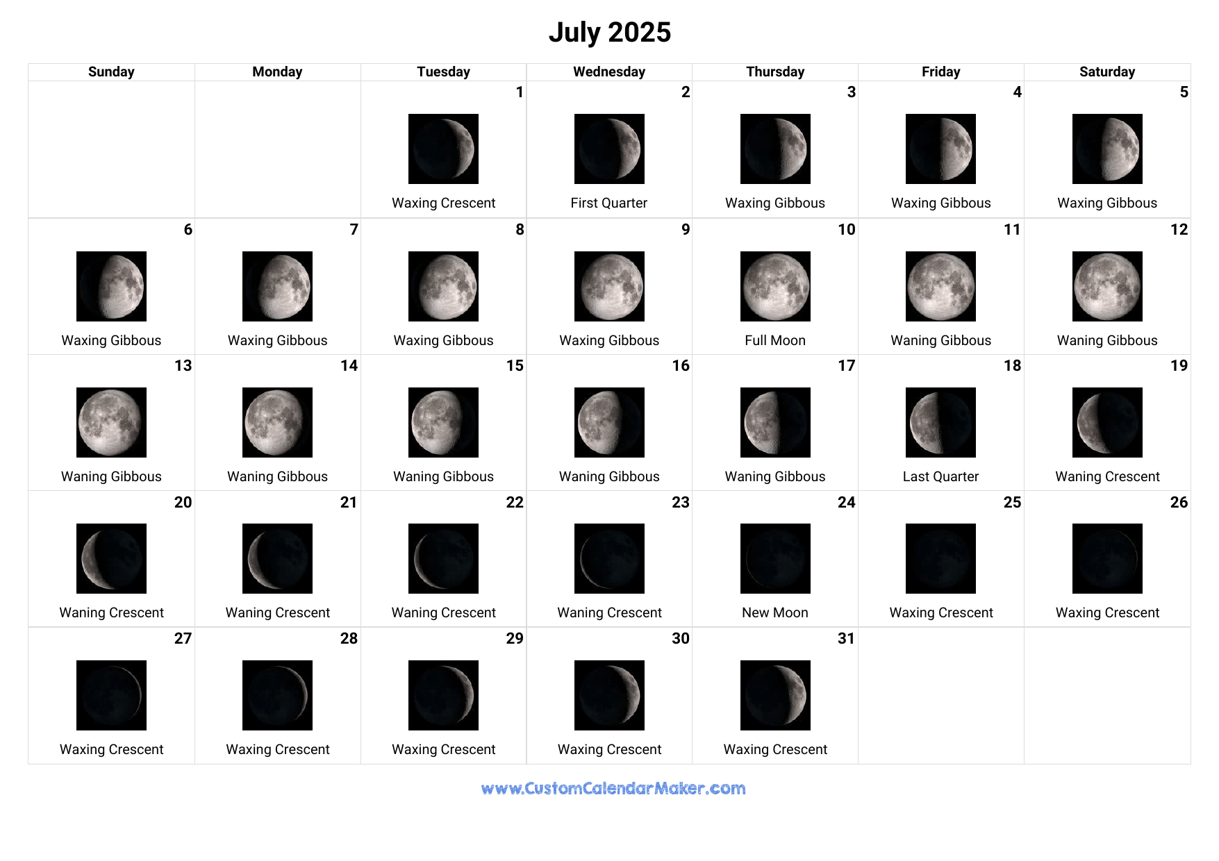 Moon Phase Calendar July 2025