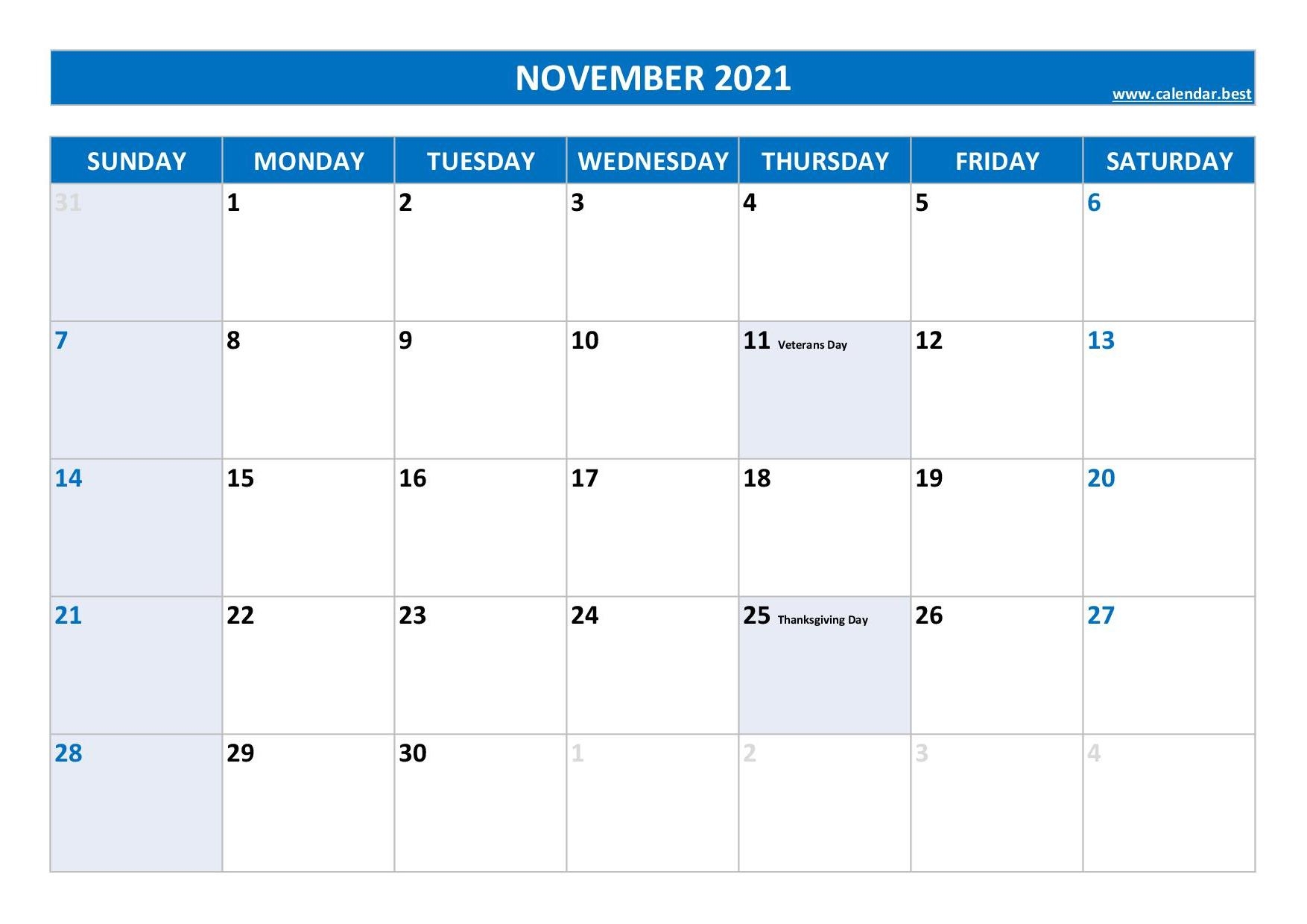 Printable November Calendar With Holidays