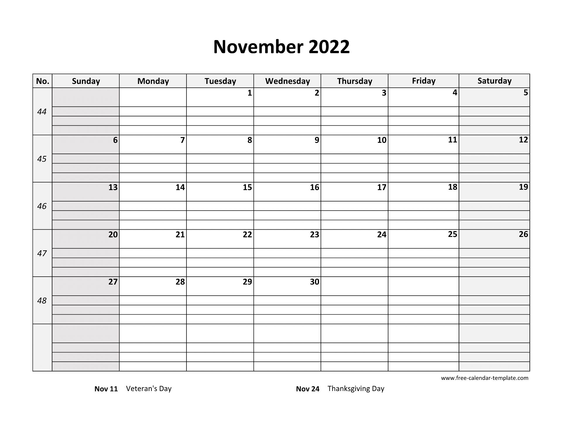 November 2022 Calendar Free Printable With Grid Lines Designed 