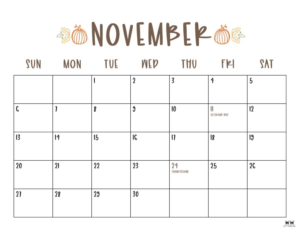 November Printable Turkey Calendar