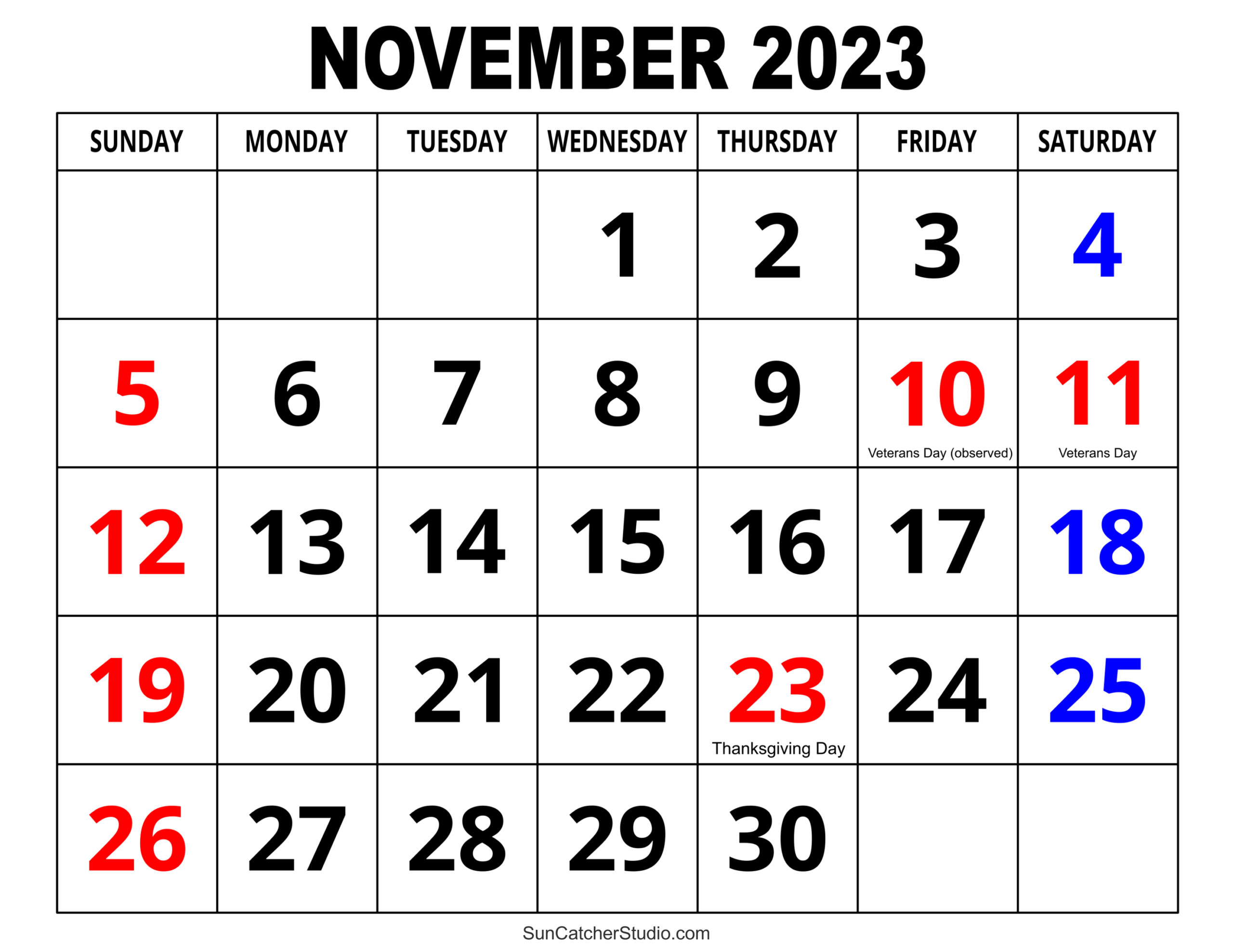 November 2023 Calendar Free Printable Free Printables 