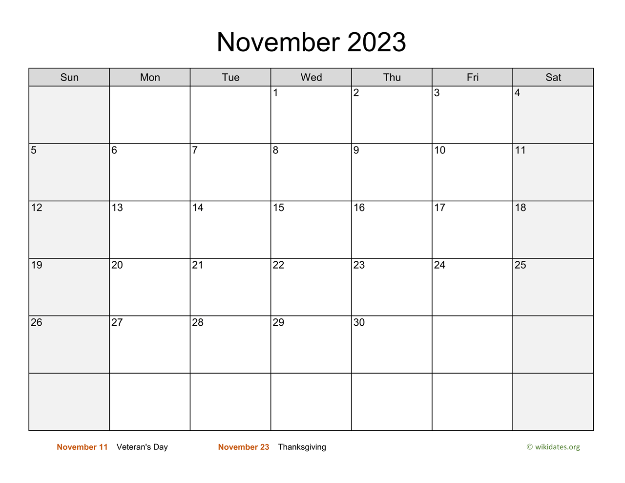 November 2023 Calendar With Weekend Shaded WikiDates
