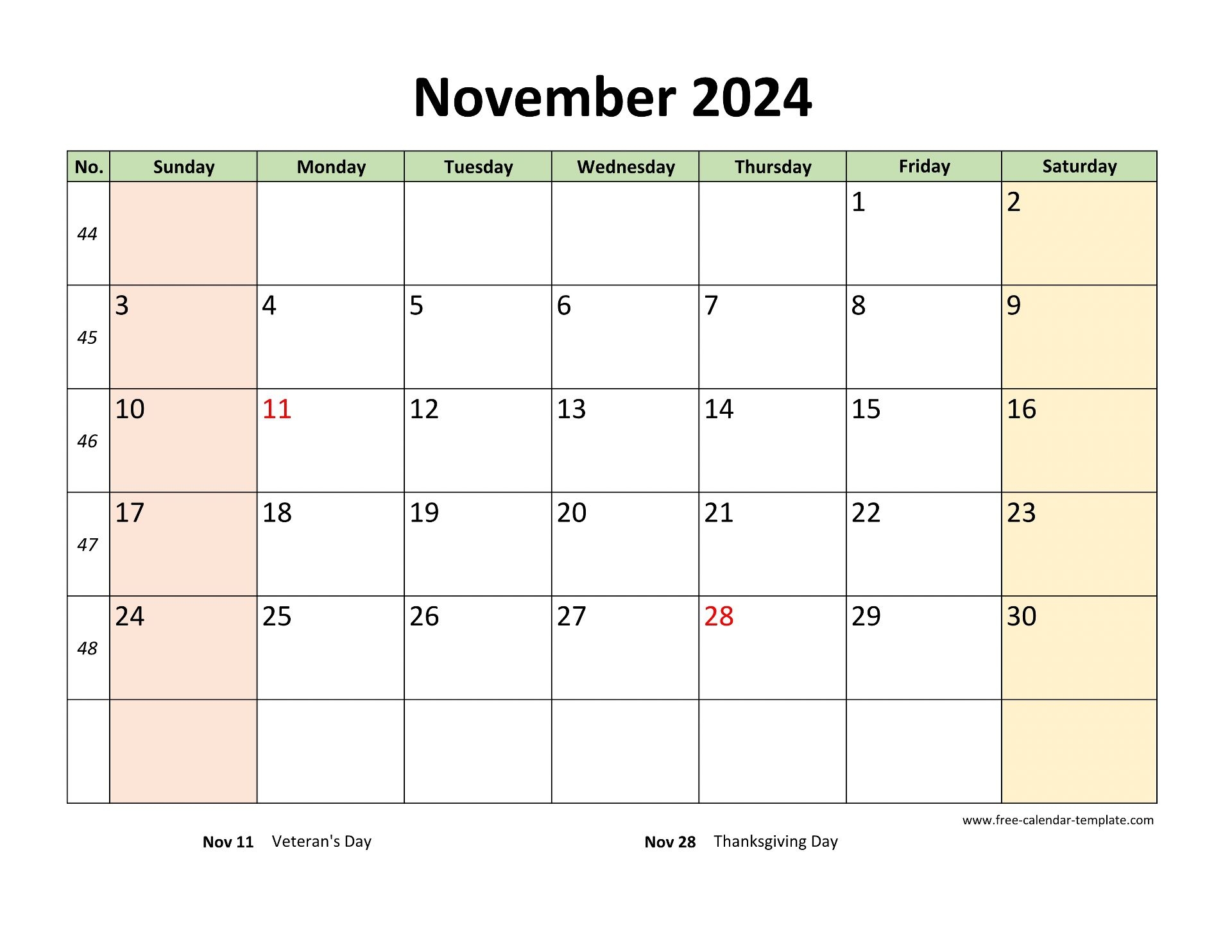 November Calendar Blank Printable