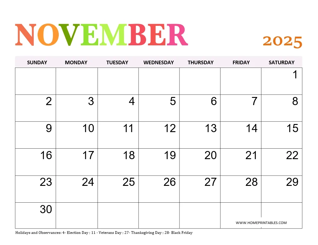 November 2025 Calendar 30 Beautiful Free Printables Home 