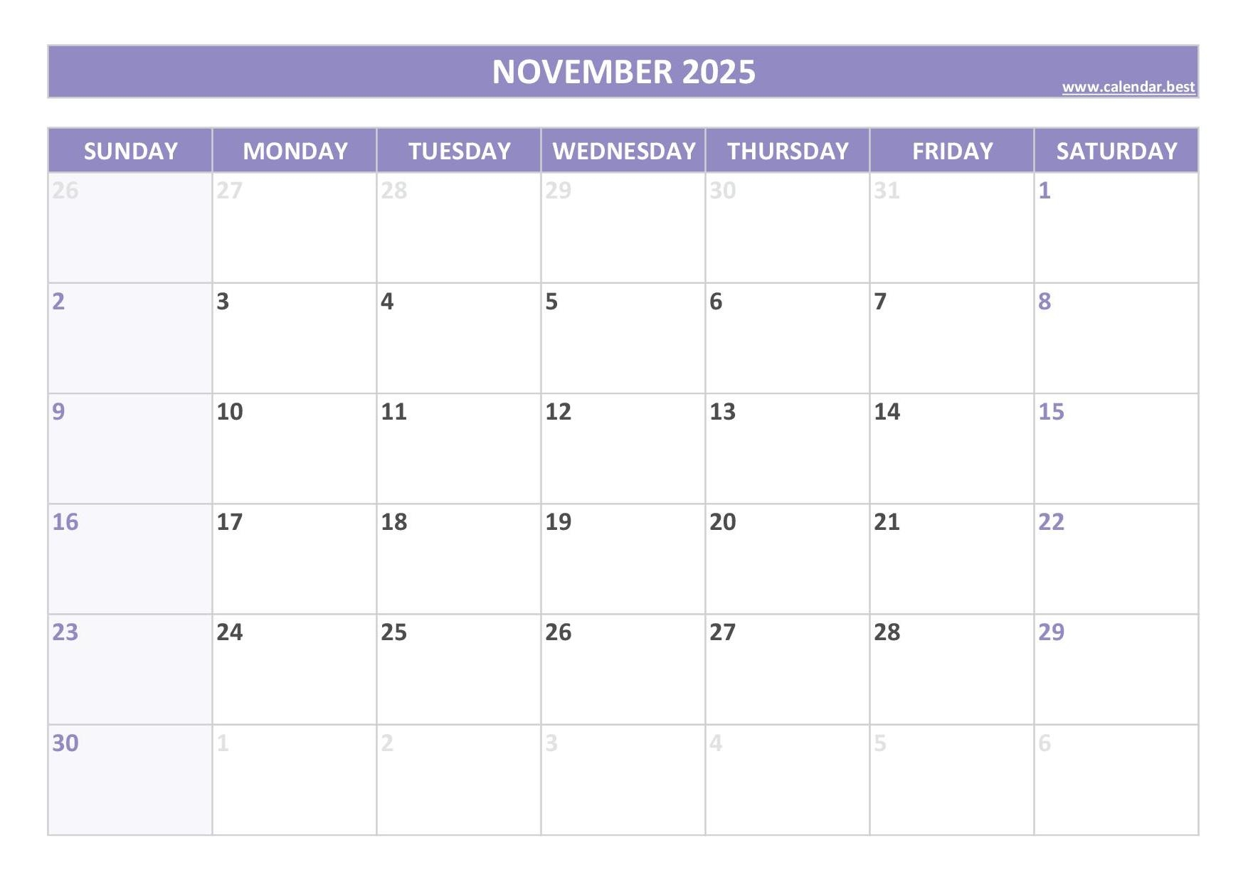 Calendar Of November Printable
