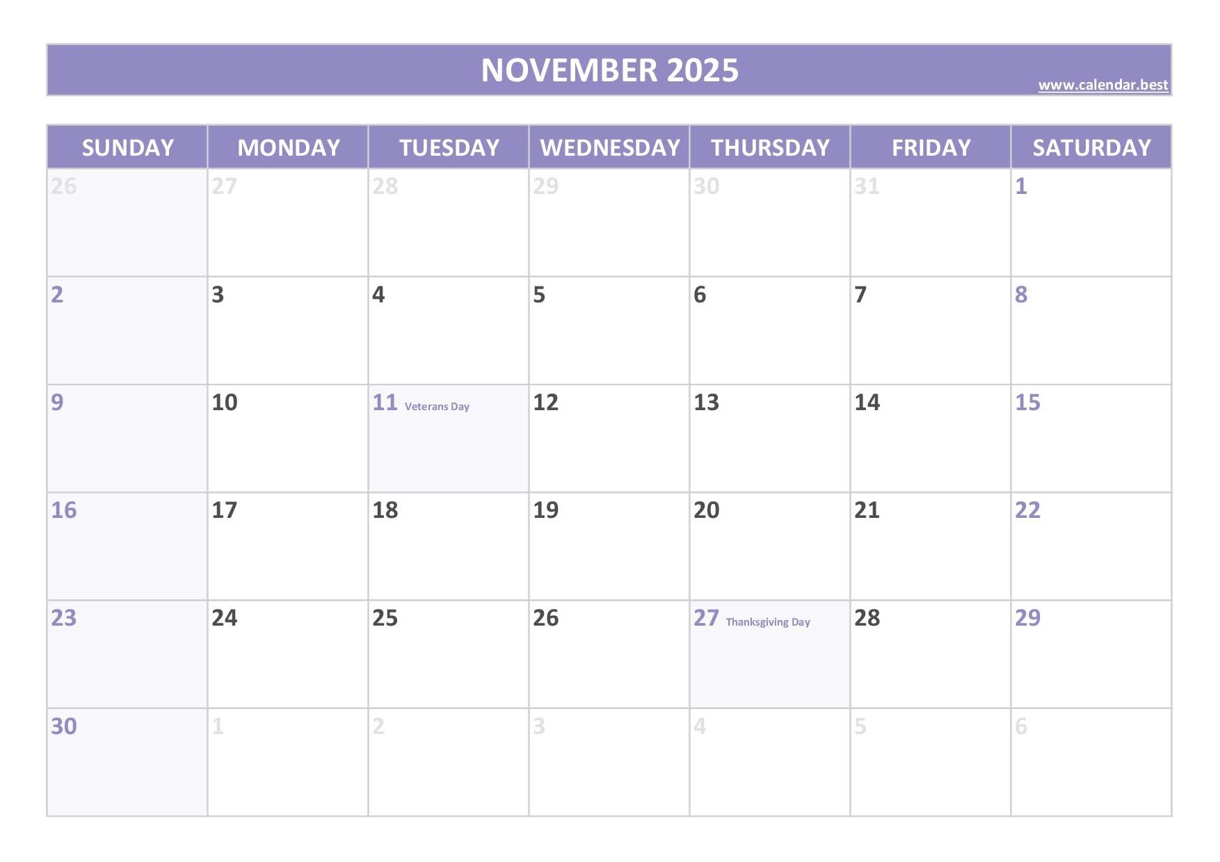 Month Of November Printable Calendar