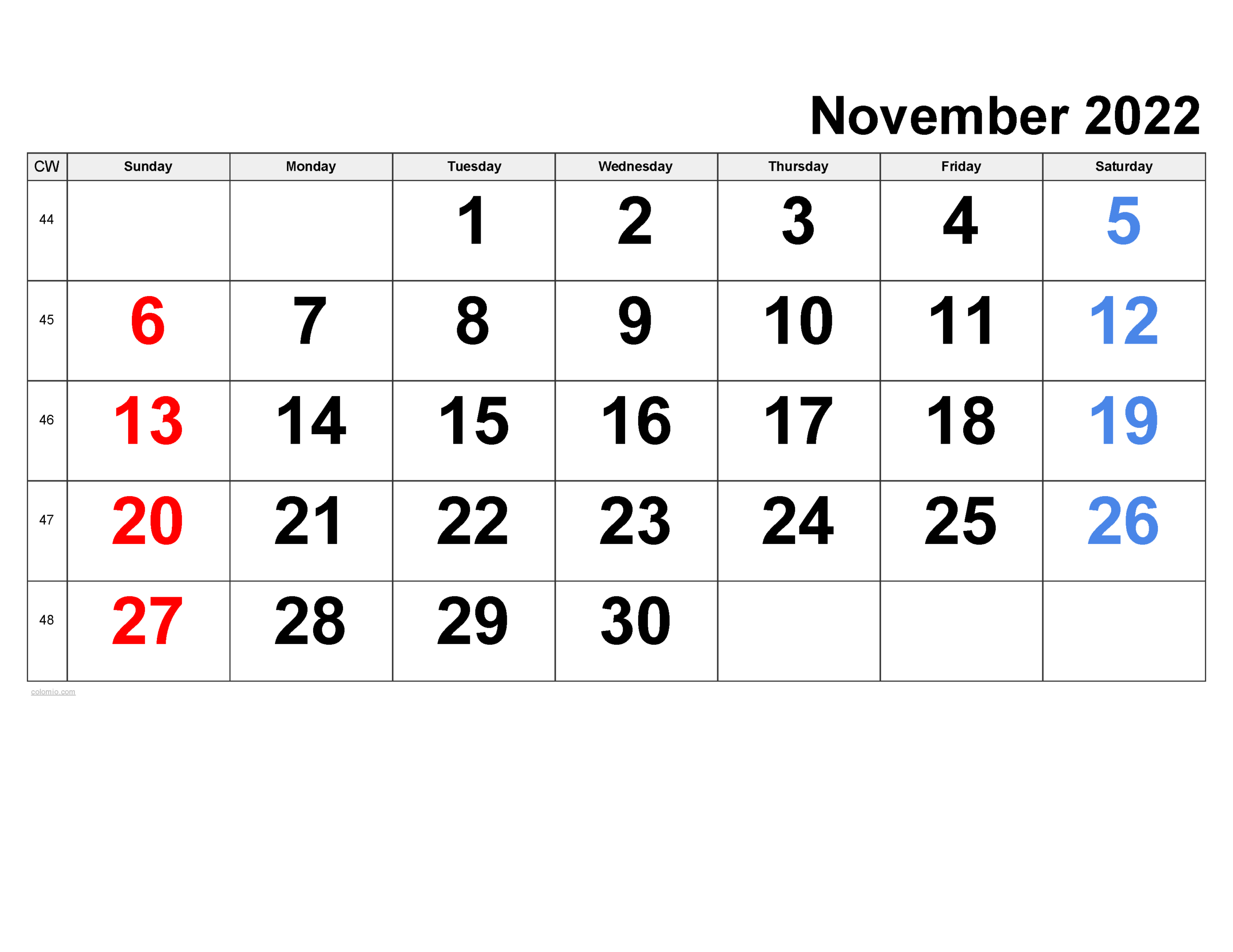 November Week 45 Calendar Printable