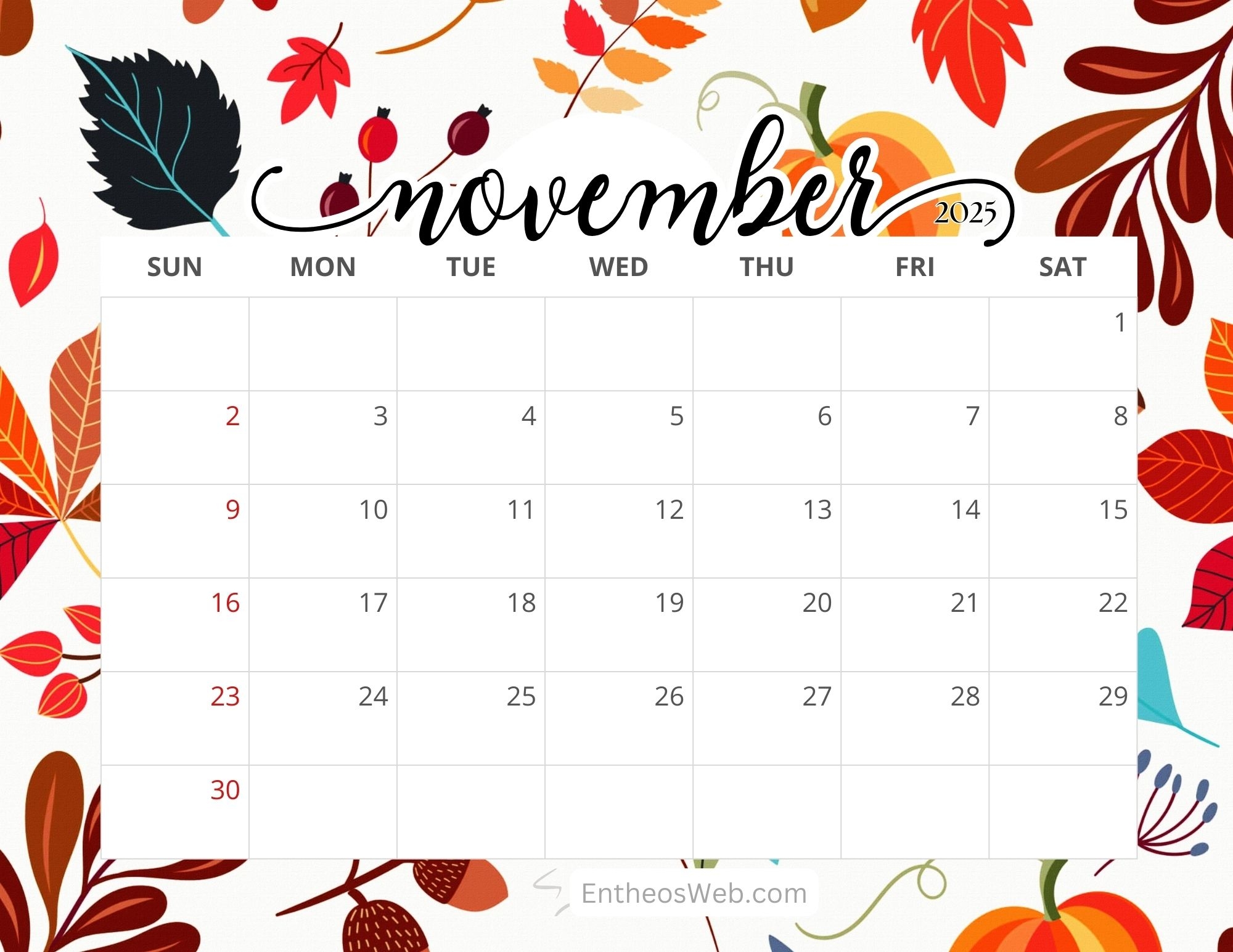 November 2025 Calendar Free Printables EntheosWeb