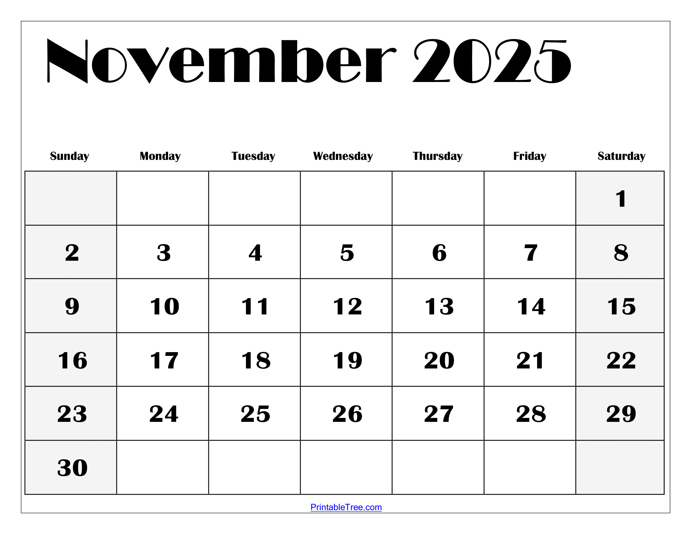 November Calendar Template Printable