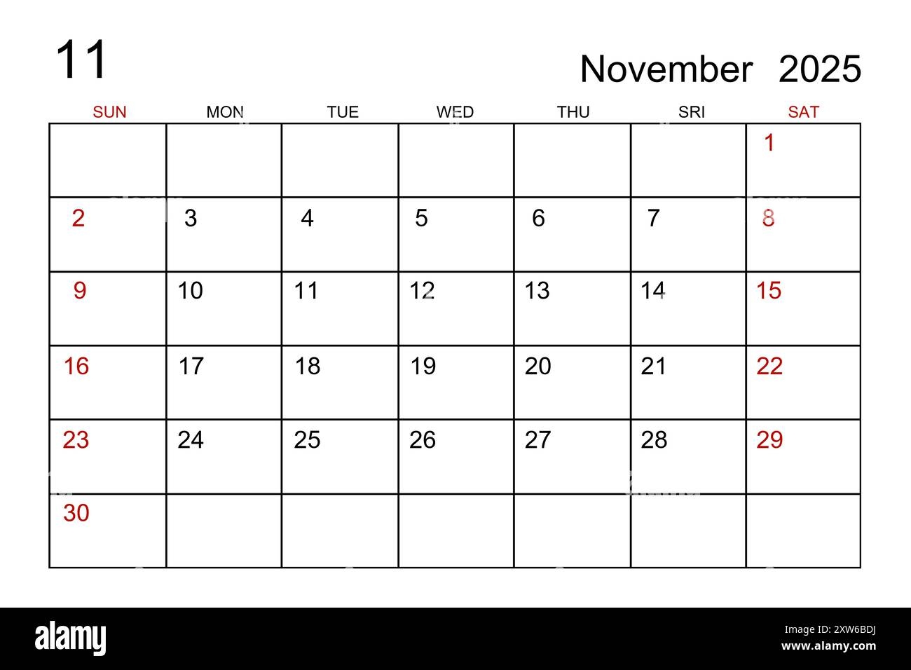 November 2025 Calendar Template On White Paper Background Stock 
