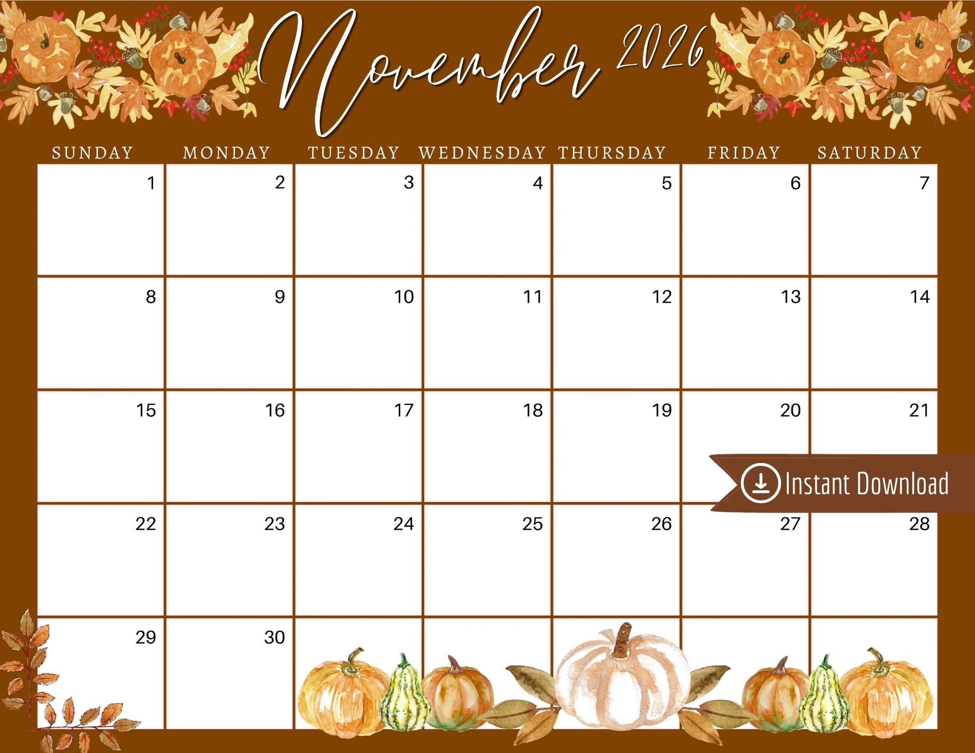 Printable Calendar November 2026 Calligraphy
