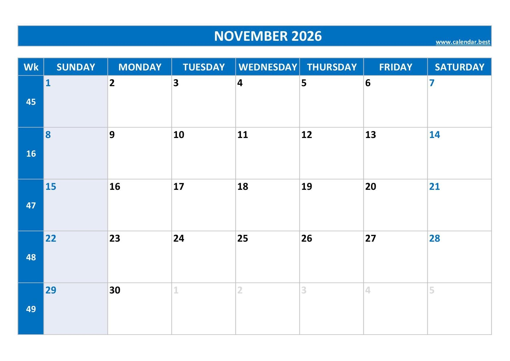 2026 Calendar Printable Pdf November