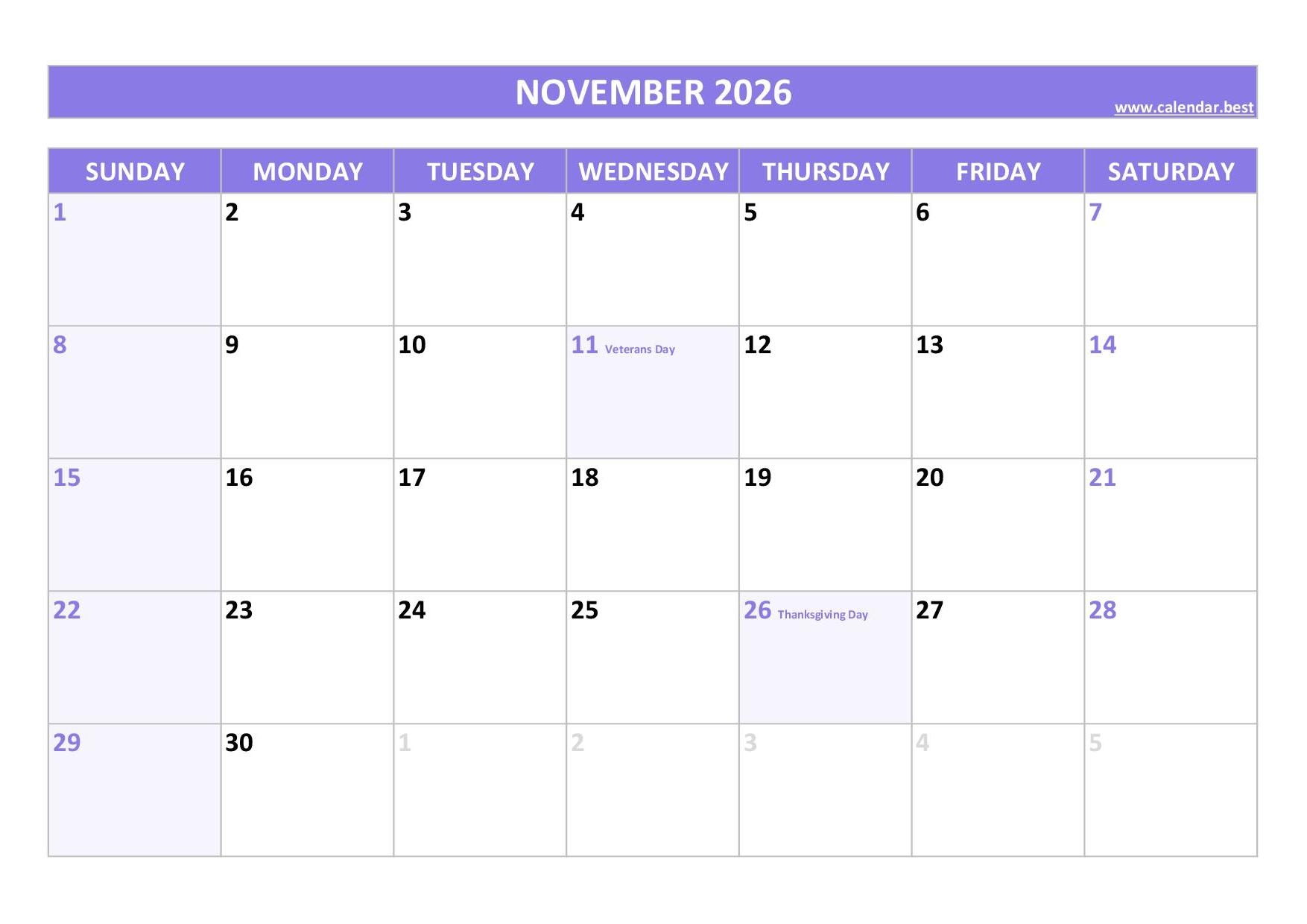 November 2026 Calendar Calendar best