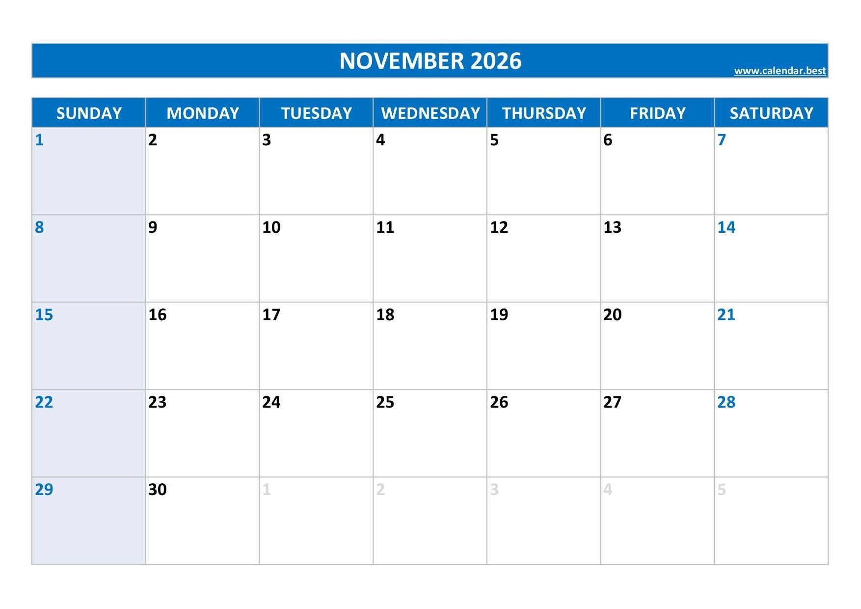 Printable November 2026 Calendar By Month