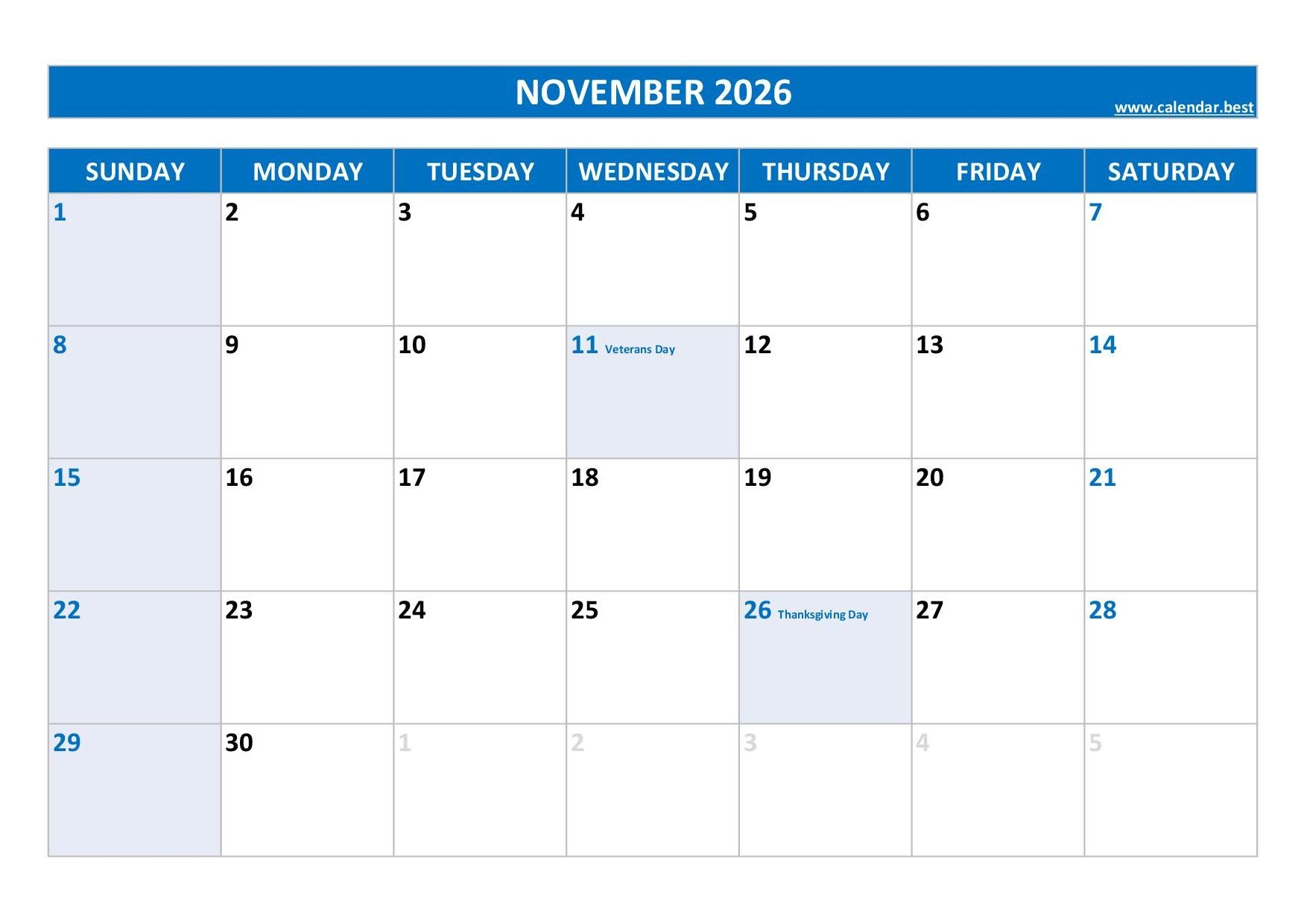 2026 November Decemver Calendar Printable