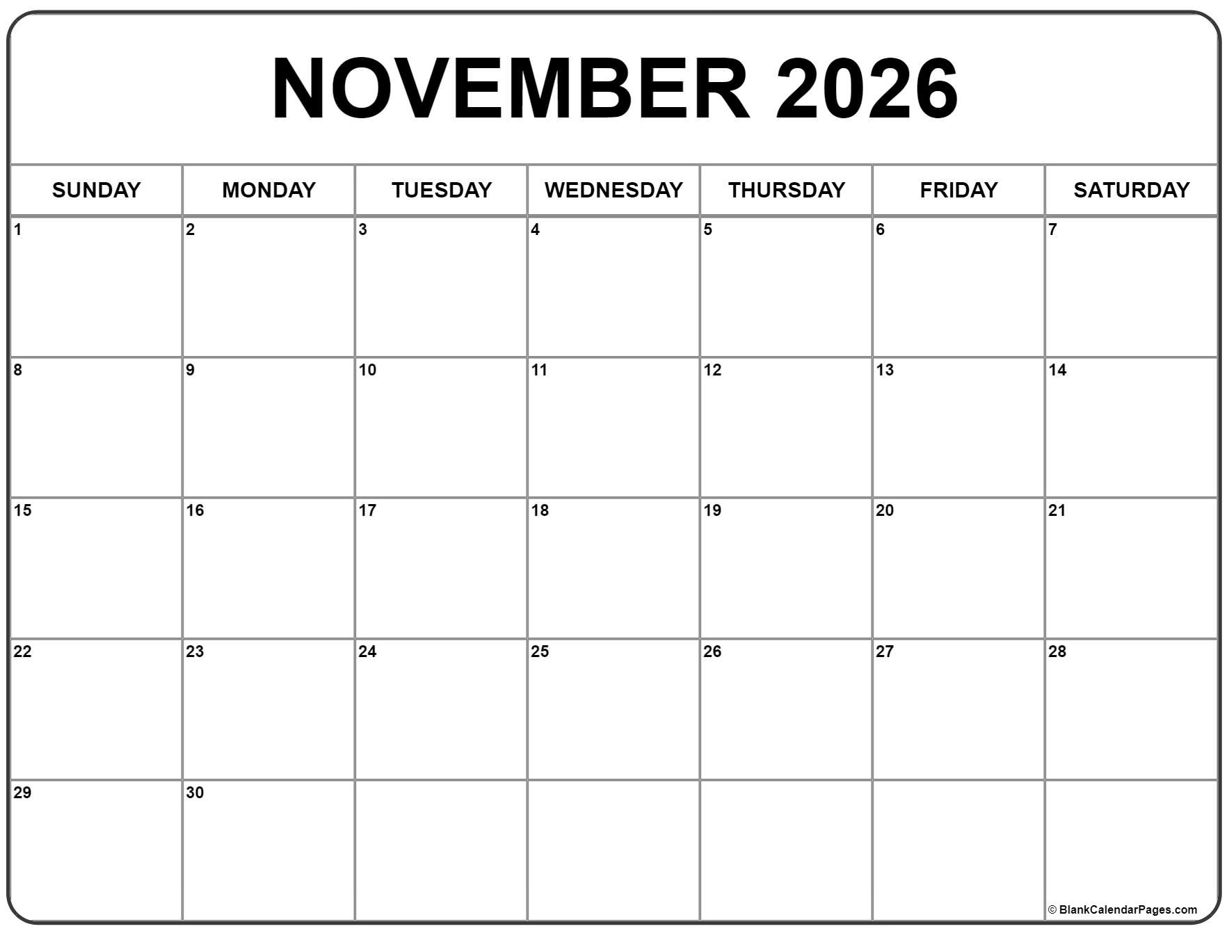 November 2026 Calendar Free Printable Calendars
