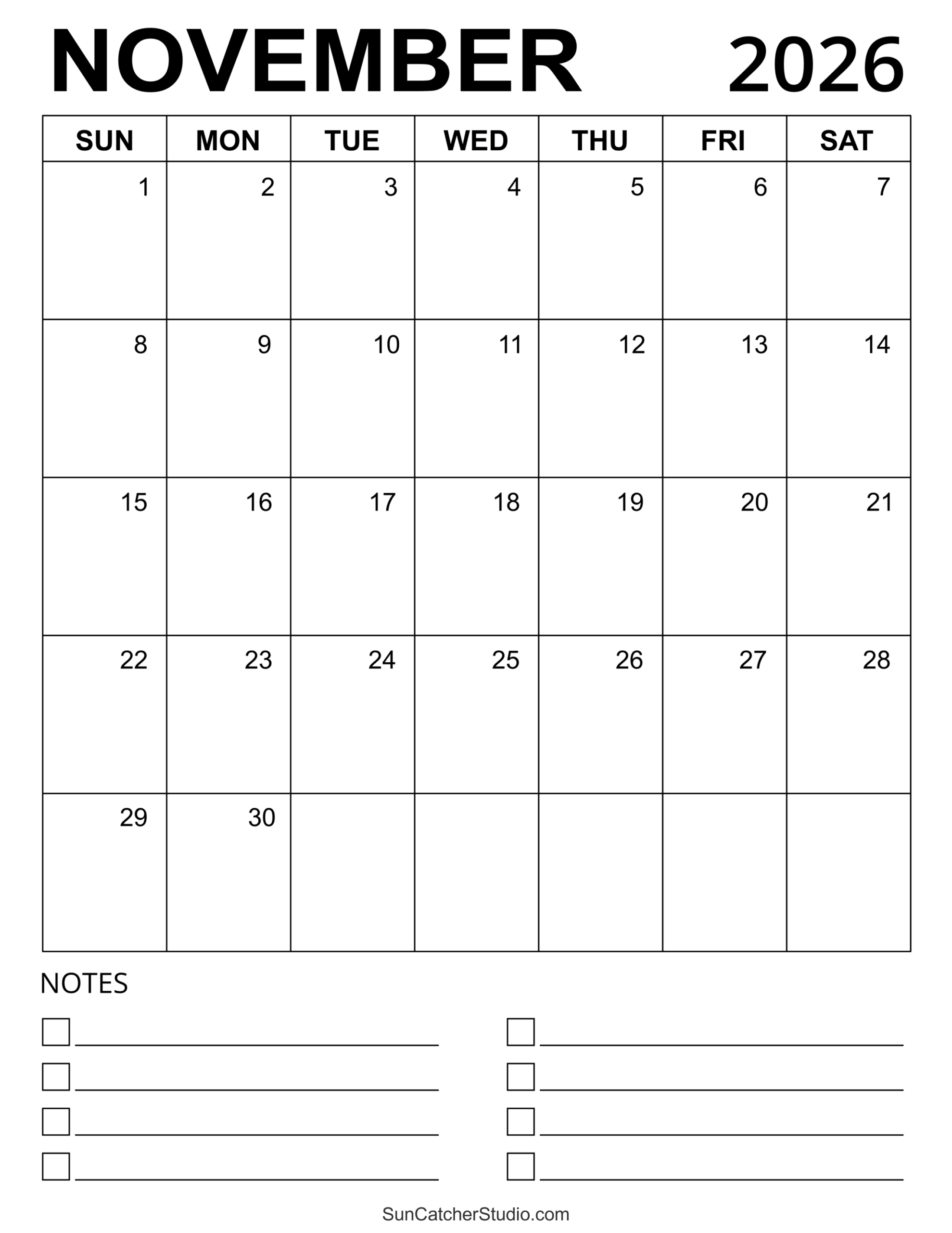 Free Printable Blank November 2026 Calendar