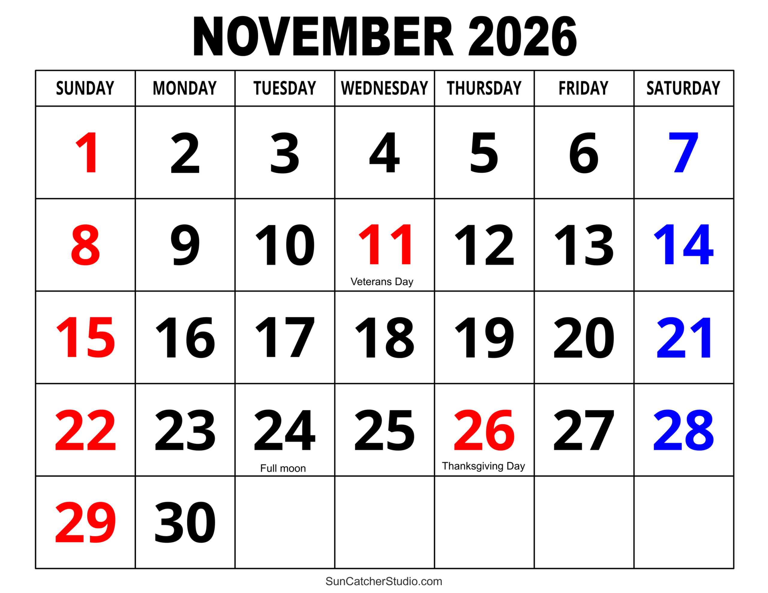 November 2026 Calendar Free Printable Free Printables 