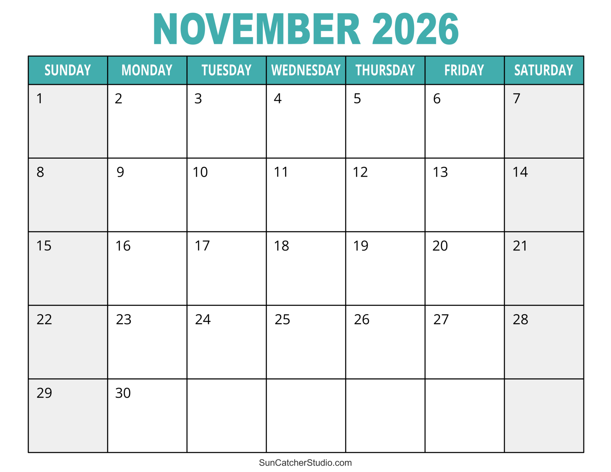 Printable Editable November 2026 Calendar